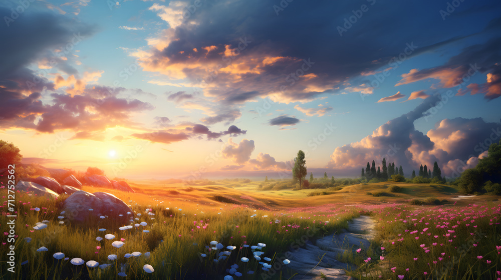 spring meadow in the morning at sunrise spring meadow in the morning at sunrise