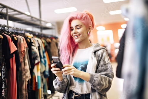 Stylish young generation Z girl with pink hair, dressed in a tie-dye hoodie with a zipper, chooses clothes in a store, asking for advice, chatting with an online stylist using a smartphone. photo