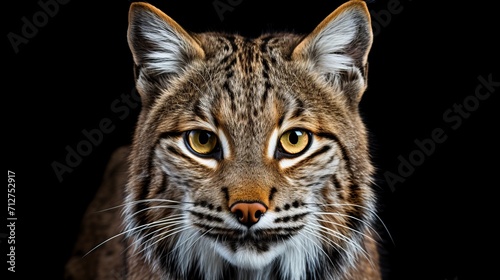 Majestic bobcat portrait isolated on black background, showcasing its wild beauty and stunning fur photo