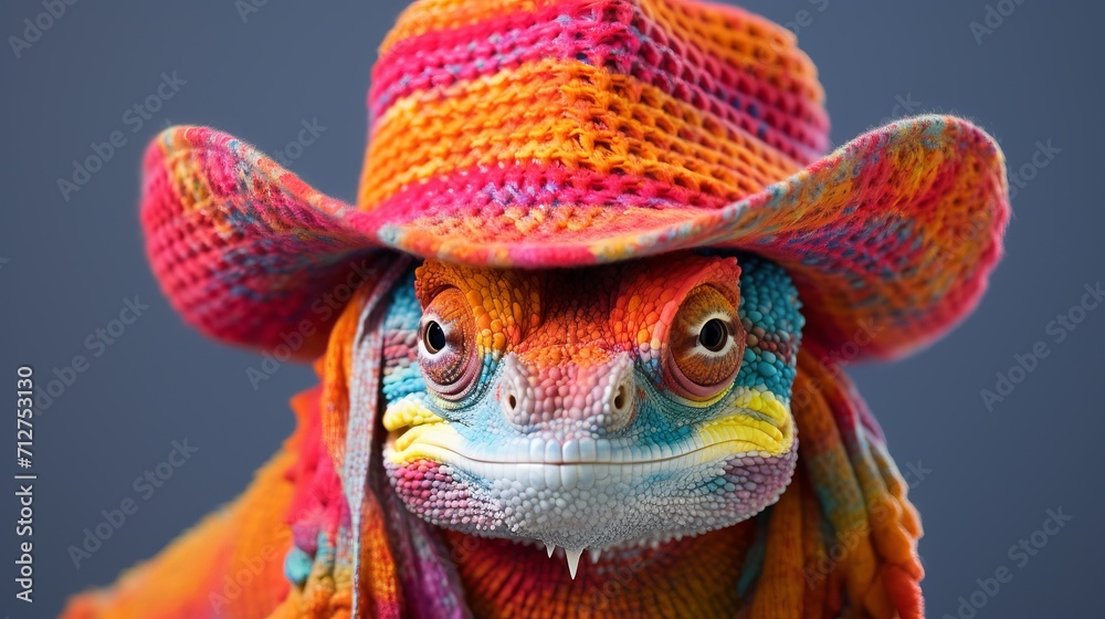 Colorful chameleon in wide format, wearing matching hat with vibrant colors and detailed texture.