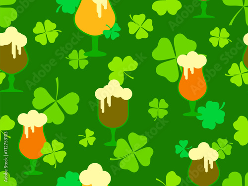Seamless pattern with clover leaves and glasses of beer for St. Patrick's Day. Glasses of beer on a stem with foam. Festive design for wallpaper, banner and cover. Vector illustration