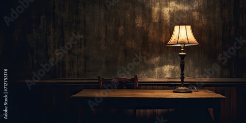 Old table in dimly lit space with a lamp