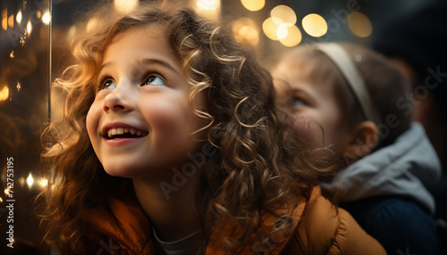Smiling children playing, enjoying Christmas lights, creating joyful togetherness generated by AI