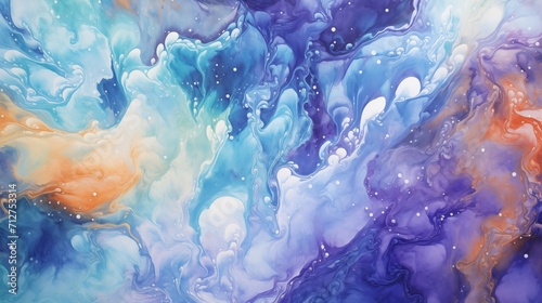 Whimsical Blue, Purple, and Orange Fantasy Fluid Acrylics Painting Texture Background with Dark Sky-Blue and Light White Watercolor Details