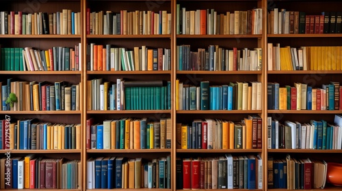 Vibrant bookshelves filled with intellectual knowledge and literature collection