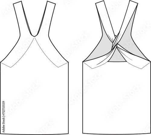 Women's Knotting Detail, V-Neck Strappy Knit Top- Technical fashion illustration. Front and back, white color. Women's CAD mock-up.