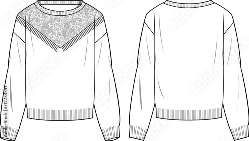 Women's Fully Fashioned and Lace Detail Jumper. Technical fashion illustration. Front and back, white color. Women's CAD mock-up.