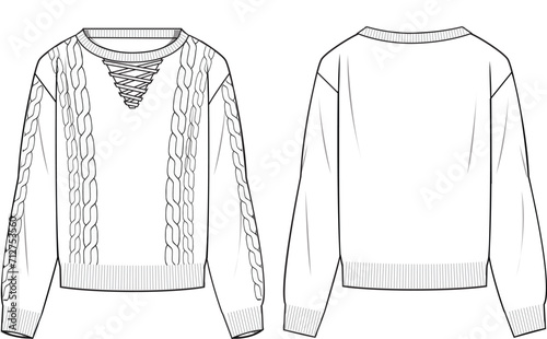 Women's Lace-Up Back Detail, Cable Jumper. Technical fashion illustration. Front and back, white color. Women's CAD mock-up.