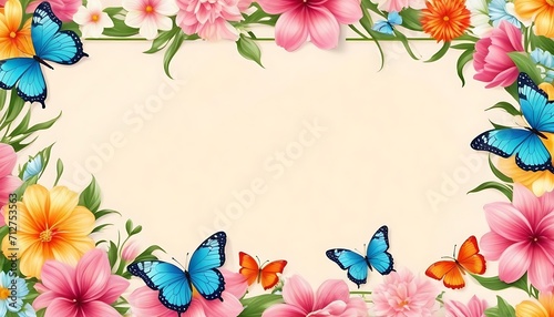 Tulip flowers and butterflies frame or border  seamless background. Seamless Floral festive background for wedding invitations  greeting cards  banners with copy space area created with generative ai