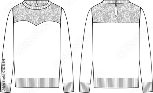 Women's Lace Insert, Sweetheart  Neck Jumper. Technical fashion illustration. Front and back, white color. Women's CAD mock-up.