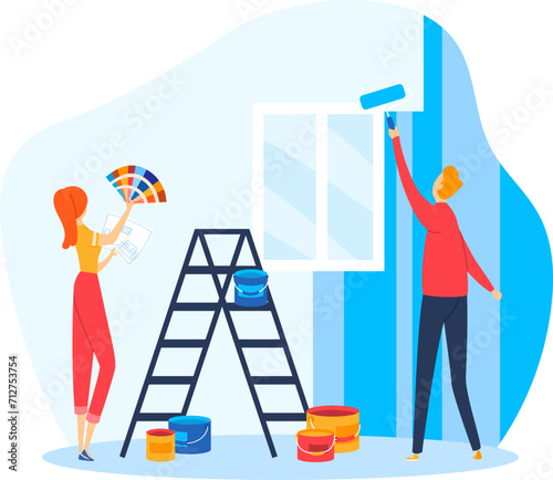 Man and woman painting wall blue, woman holds color swatches. Home renovation and DIY decoration vector illustration.