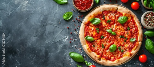 High-resolution, beautiful photo of pizza with red pepper tomato sauce from a top view, with empty space for text.