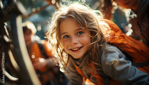 Smiling child outdoors, happiness playing in nature, cheerful girls generated by AI