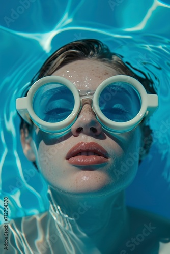 Portrait of a woman immersed in a sparkling pool wearing glasses. Young woman in glasses enjoying the coolness of the water in a bright aquatic environment.