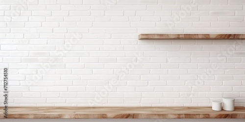 White brick wall and wooden plank shelves for displaying products.