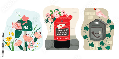 Collection of mailboxes with love envelopes.Bird,heart,brick wall, stonework, ivy,flowers and hand lettering.Floral compositions and postboxes isolated on white background.Vector cartoon illustration. photo
