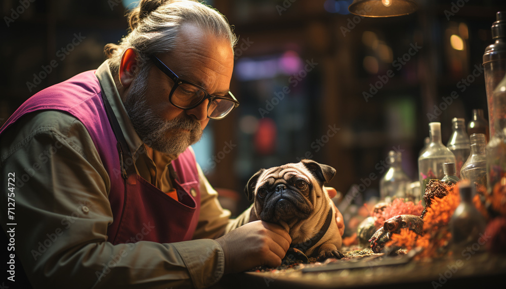 A man with a beard sitting indoors, looking at his dog generated by AI
