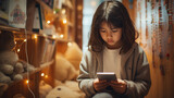 Portrait of Asian little girl plays with gadget smart phone, children with phone addict concept, Generate AI
