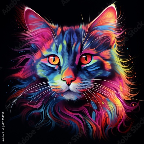 Beautiful colored neon cat animal image Generative AI