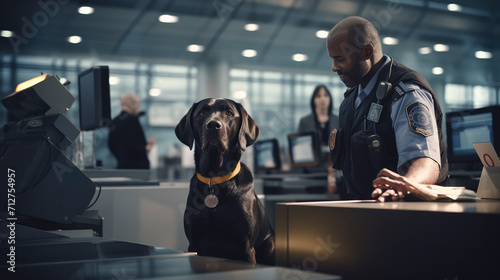 Airport security sniffer dog, with blurred immigration desks in the background photo