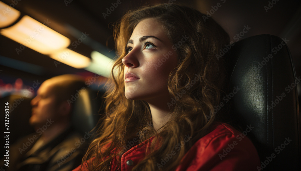 Young adult woman driving car, looking away, enjoying journey generated by AI