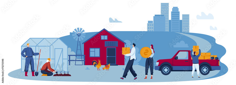 Farmers working on farm with greenhouse, chickens, and windmill, city skyline in background. Two people carrying large coin and box, concept of agriculture profits illustration.