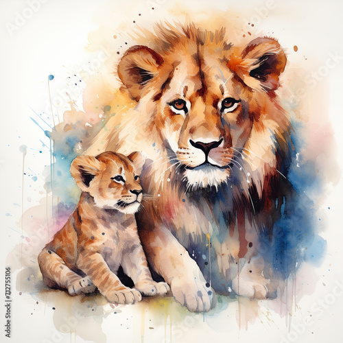 kids nursery room portraits of mother lion with baby lion   neutral color theme with white background