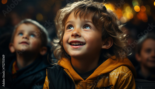 Smiling children playing outdoors, enjoying autumn, laughter fills the air generated by AI