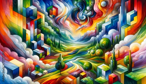 Surreal Cubist Landscape. Vibrant cubist landscape with swirling clouds and abstract shapes.