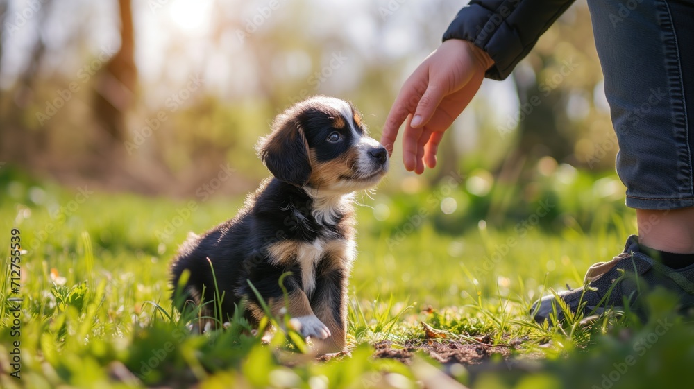 Adorable puppy looking curiously at a human hand in a sunny field