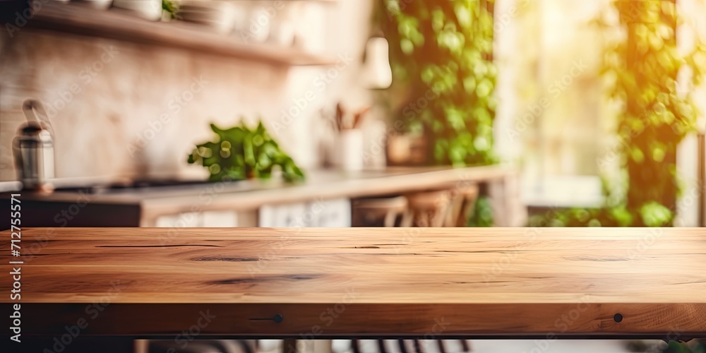 Blurred modern kitchen with a wooden table in front.
