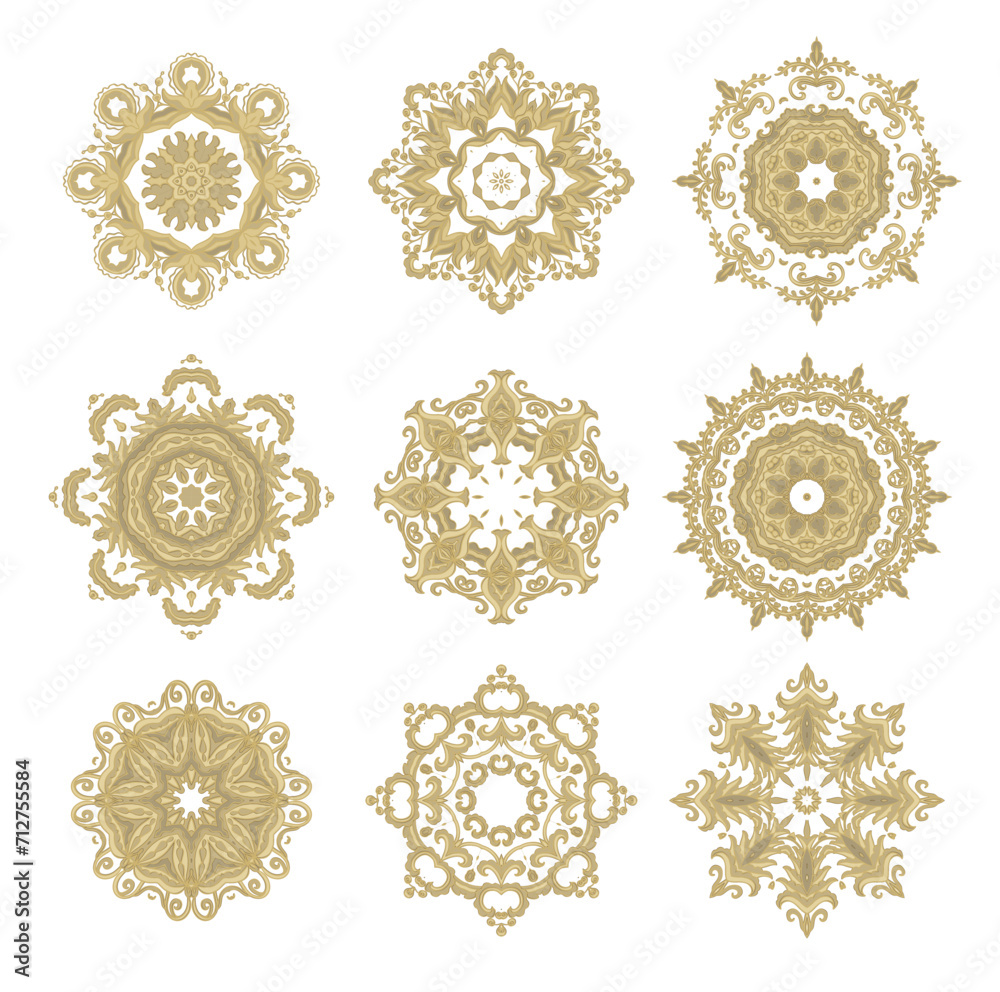 Set of stylized ornamental floral rosettes, mandala, calligraphic adornments, on white background Set of stylized ornamental floral rosettes, mandala, calligraphic adornments, on white background