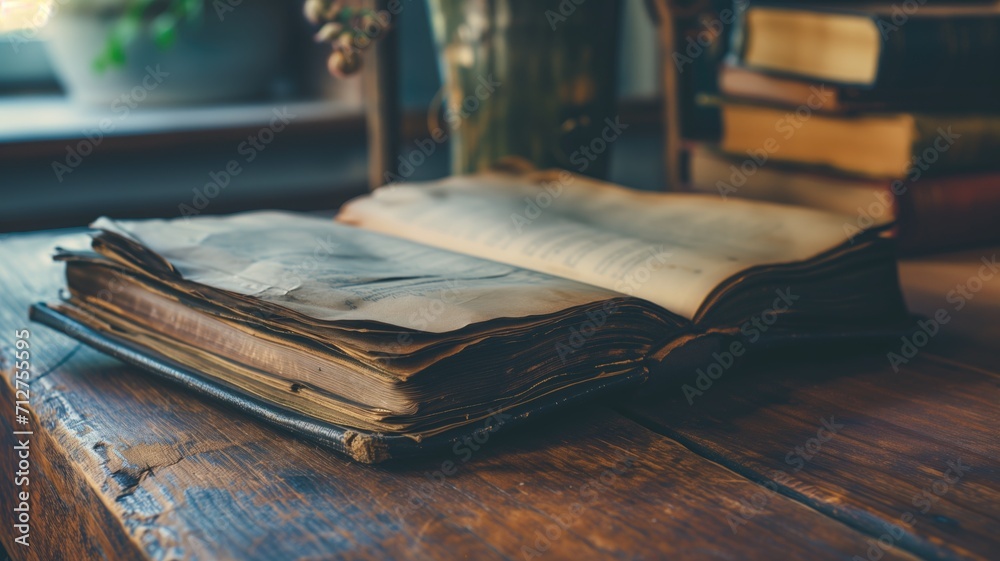 Old open book on a wooden table near a window Old open book on a wooden table near a window