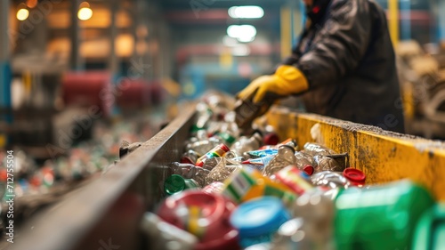 Close-up of a worker's hands selecting recyclable materials