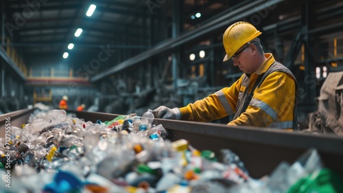 Worker sorting recyclable plastic bottles at a recycling facility photo