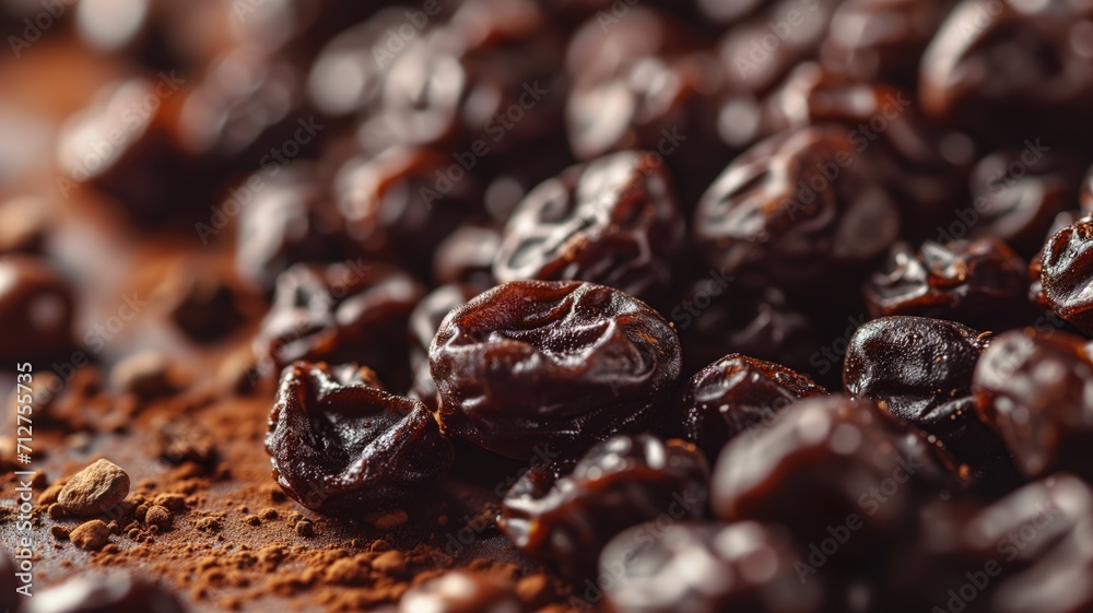 Obraz premium A heap of raisins dusted with cocoa powder, against a dark backdrop