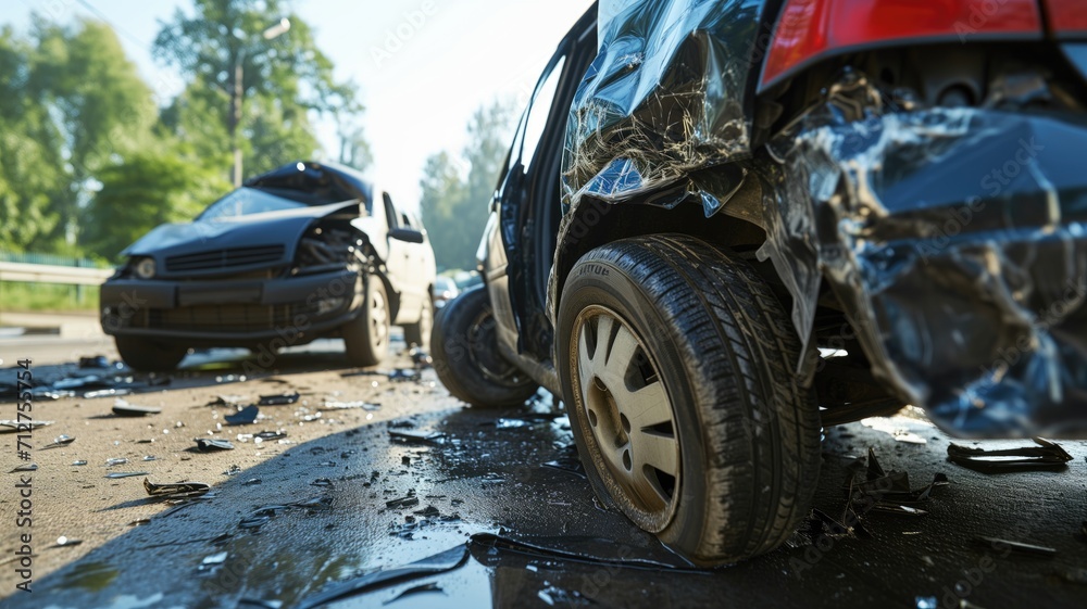 Black car with a damaged front in an accident Black car with a damaged front in an accident