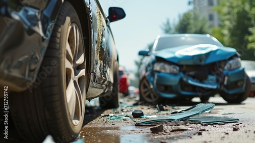 Close-up of a car collision showing a damaged blue car