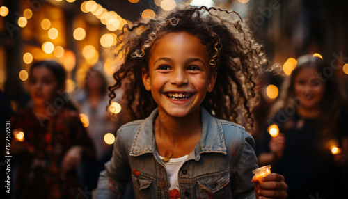Smiling child celebrates Christmas, girls and family enjoy festive night generated by AI