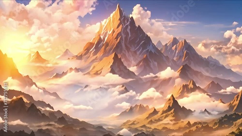 Sunrise in the high mountains filled with flying clouds digital art anime style background wallpaper photo