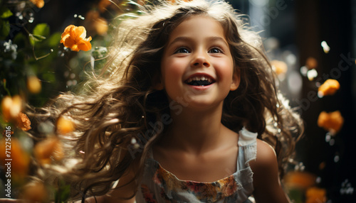 Smiling girl enjoys playful summer outdoors, carefree and happy generated by AI