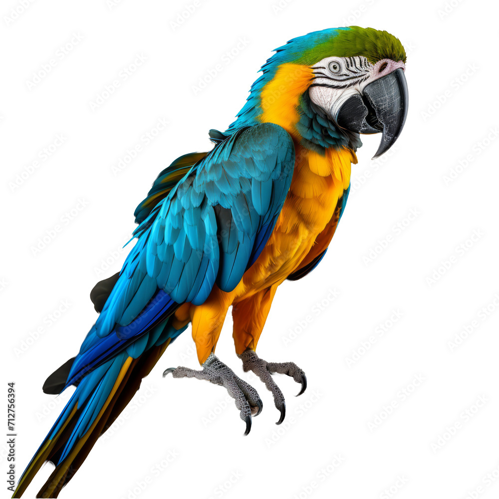 Vibrant Full Body Blue and Yellow Macaw Isolated on Transparent Background