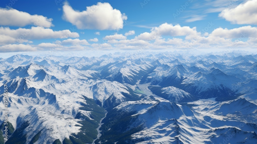 A sweeping view of a snow-covered mountain range, with glaciers winding through the valleys like frozen rivers -Generative Ai