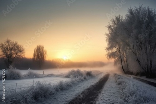 A picturesque winter landscape at sunrise, depicting the beauty of nature during Christmas. Generative AI #712756700