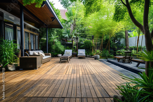 Wooden deck wood backyard outdoor patio garden landscaping © Roman