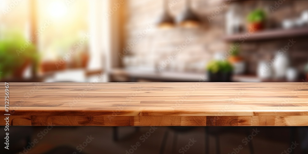 Wooden table top can be utilized for showcasing or assembling products in a blurred kitchen setting.