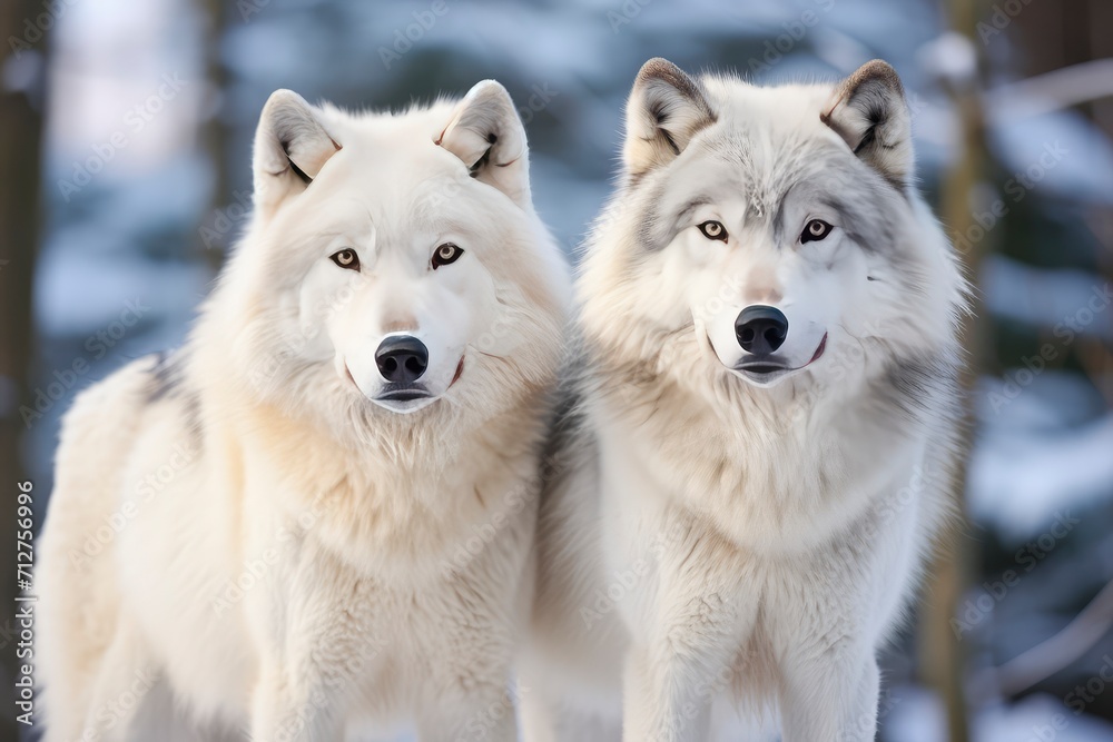 The Ethereal Symphony, A Majestic Encounter of Two Magnificent White Wolves Amidst the Enchanting Winter Wonderland