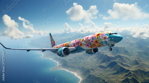 an airplane decorated with flowers flies across the sky  summer travel  flight to Hawaii  air transport  tourism  nature  beauty  vacation  tropics  height  speed  garland