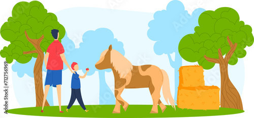 Father and son having fun feeding horse in countryside. Boy giving apple to horse  man holding hand. Family outdoor bonding with farm animals vector illustration.