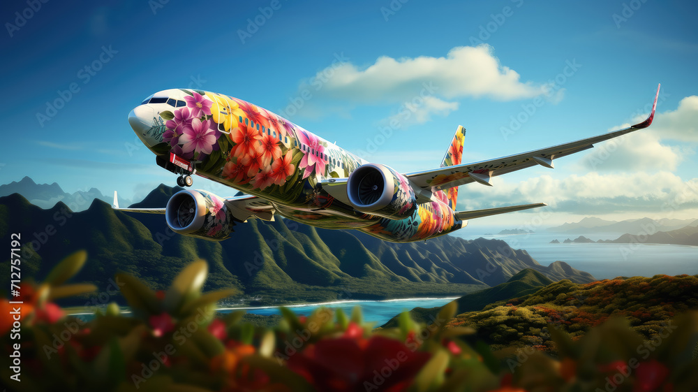 Obraz premium an airplane decorated with flowers flies across the sky, summer travel, flight to Hawaii, air transport, tourism, nature, beauty, vacation, tropics, height, speed, garland